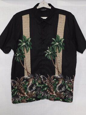 Mens XL Black Tan Palm Tree Hawaiian Bowling Shirt